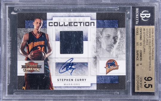 2009-10 Panini Threads "Rookie Collection Materials Signatures" #6 Stephen Curry Signed Jersey Rookie Card (#21/50) - BGS GEM MINT 9.5/BGS 10
